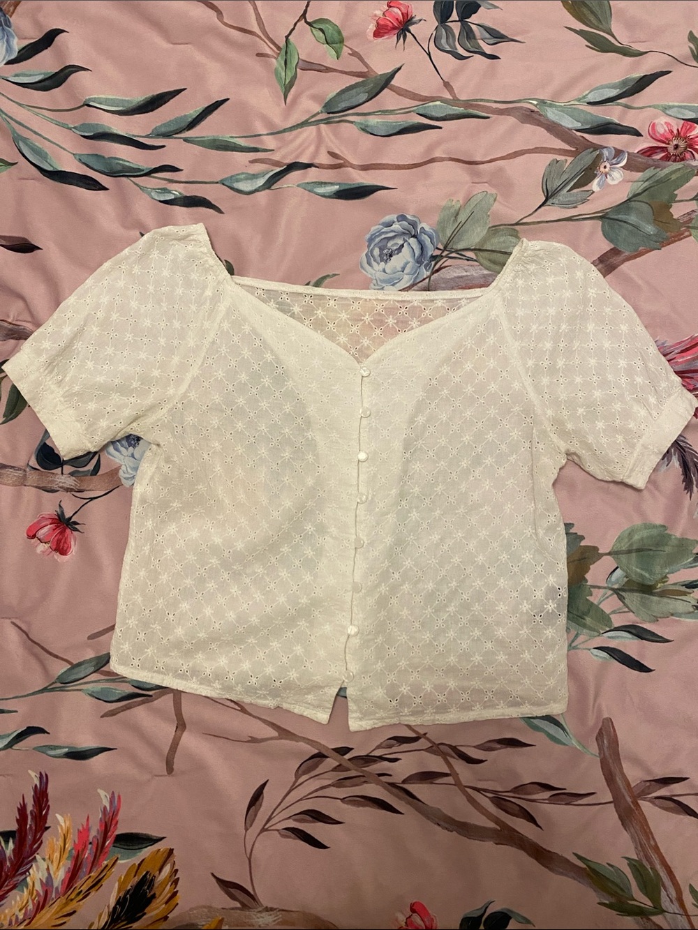 100% Cotton Delicate White Eyelet Button-Front Women's Blouse